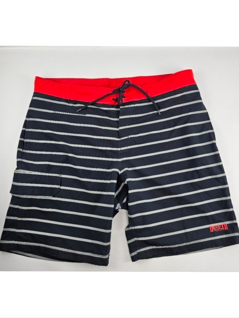 Duluth Trading Co. Black/White Striped Bull Moose Board Shorts Size 36